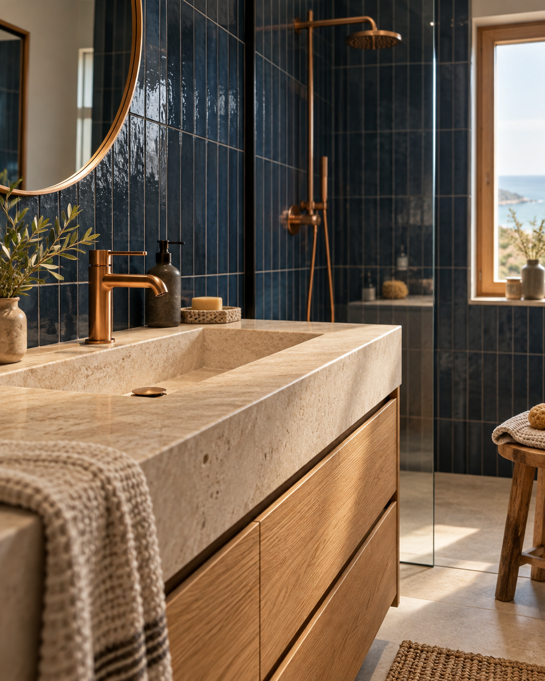 Vasque en pierre et robinetterie cuivrée dans une salle de bains aux tons bleu nuit et bois clair